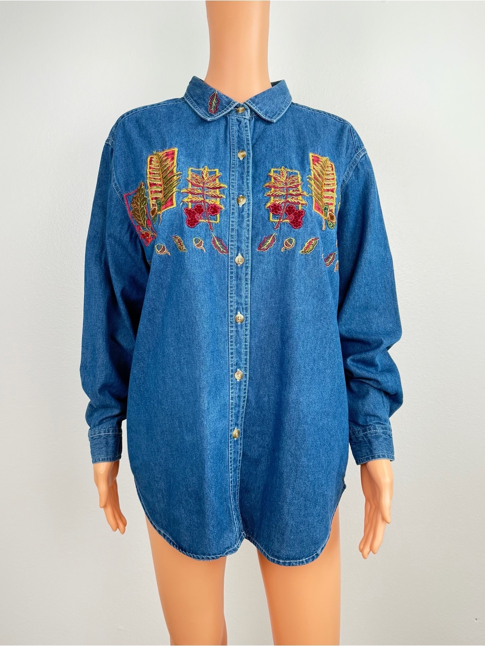 Vtg 90s Cabin Creek Leaf Embroidered Denim Shirt Oversized Autumn Top